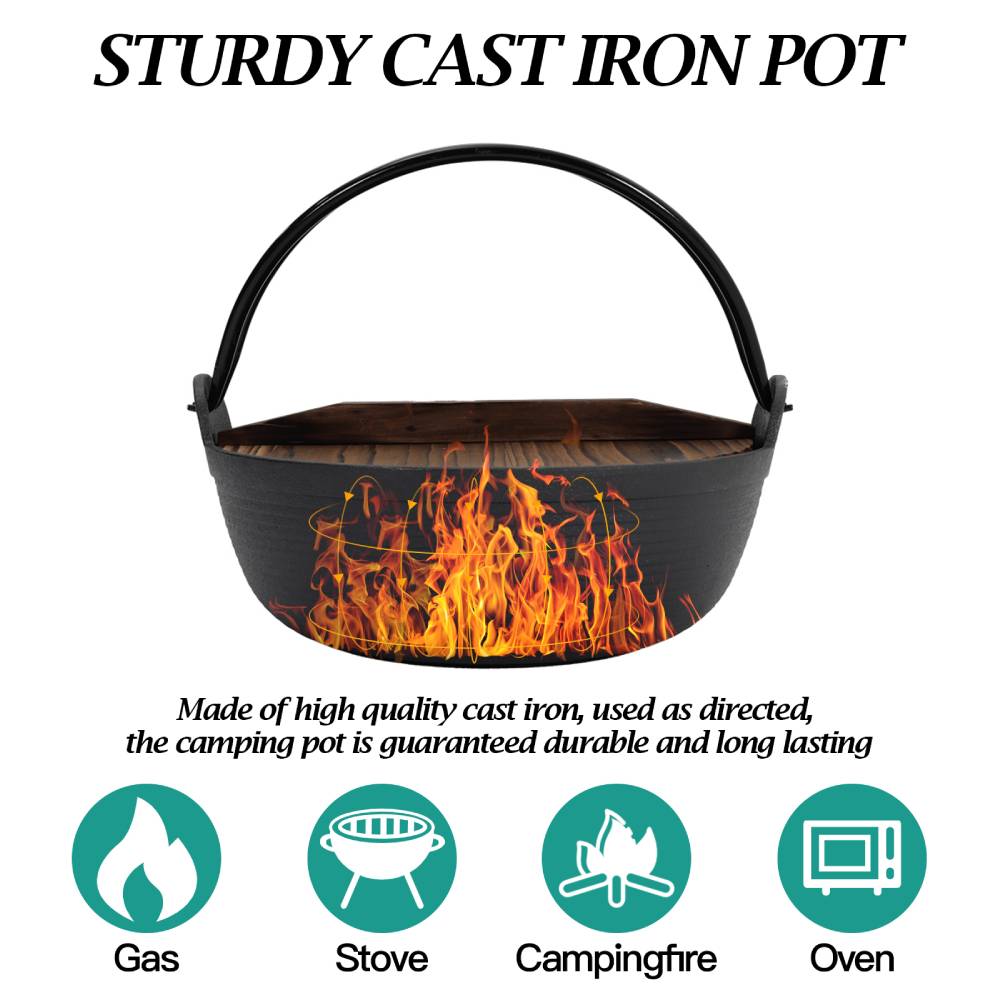 27cm/29cm Dia Cast Iron Pot With Wooden Lid For Campfire Cooking | Large | Black