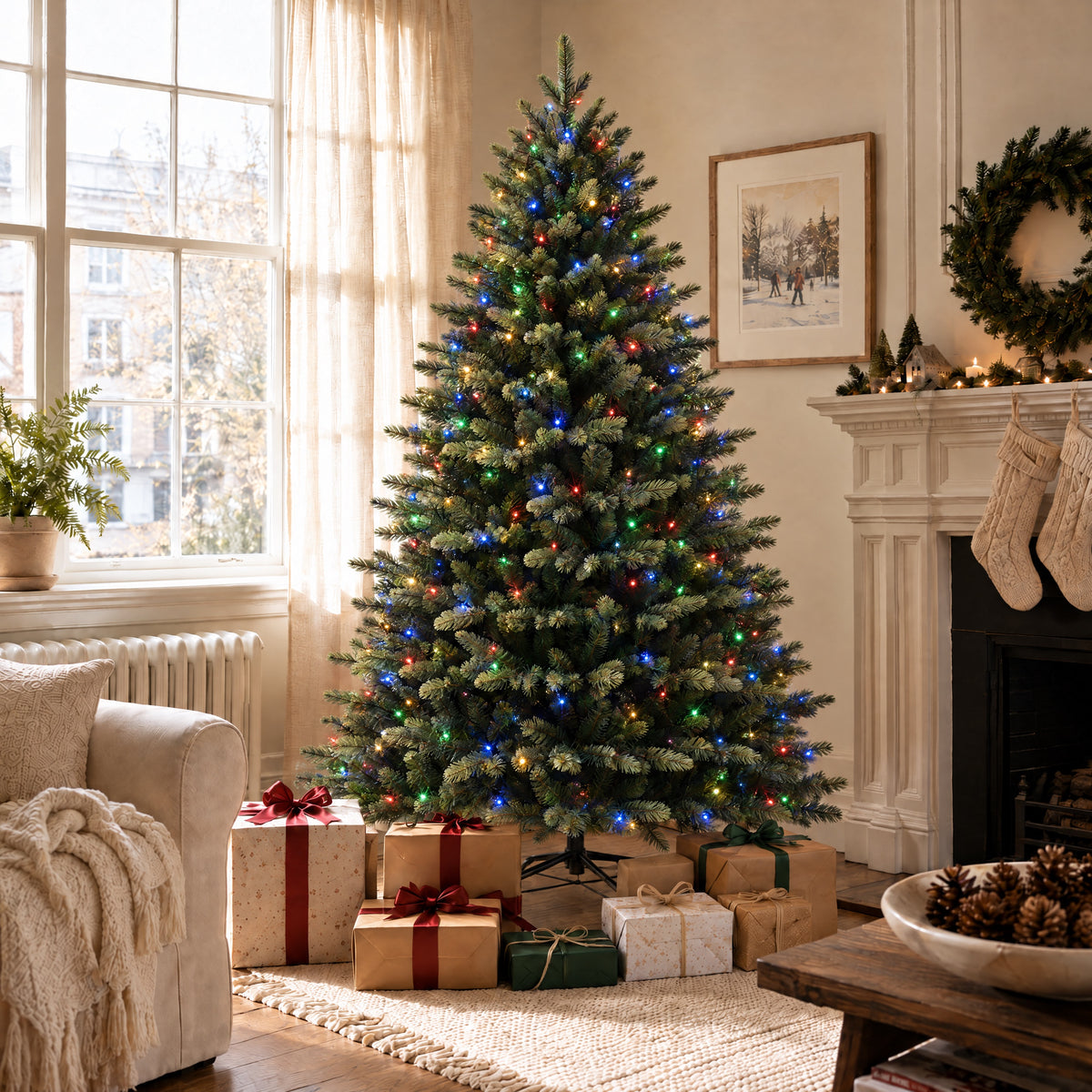 Artemis Home Ferncombe Pre-lit Pe/pvc Artificial Christmas Tree - Warm White & Multicolour LEDs