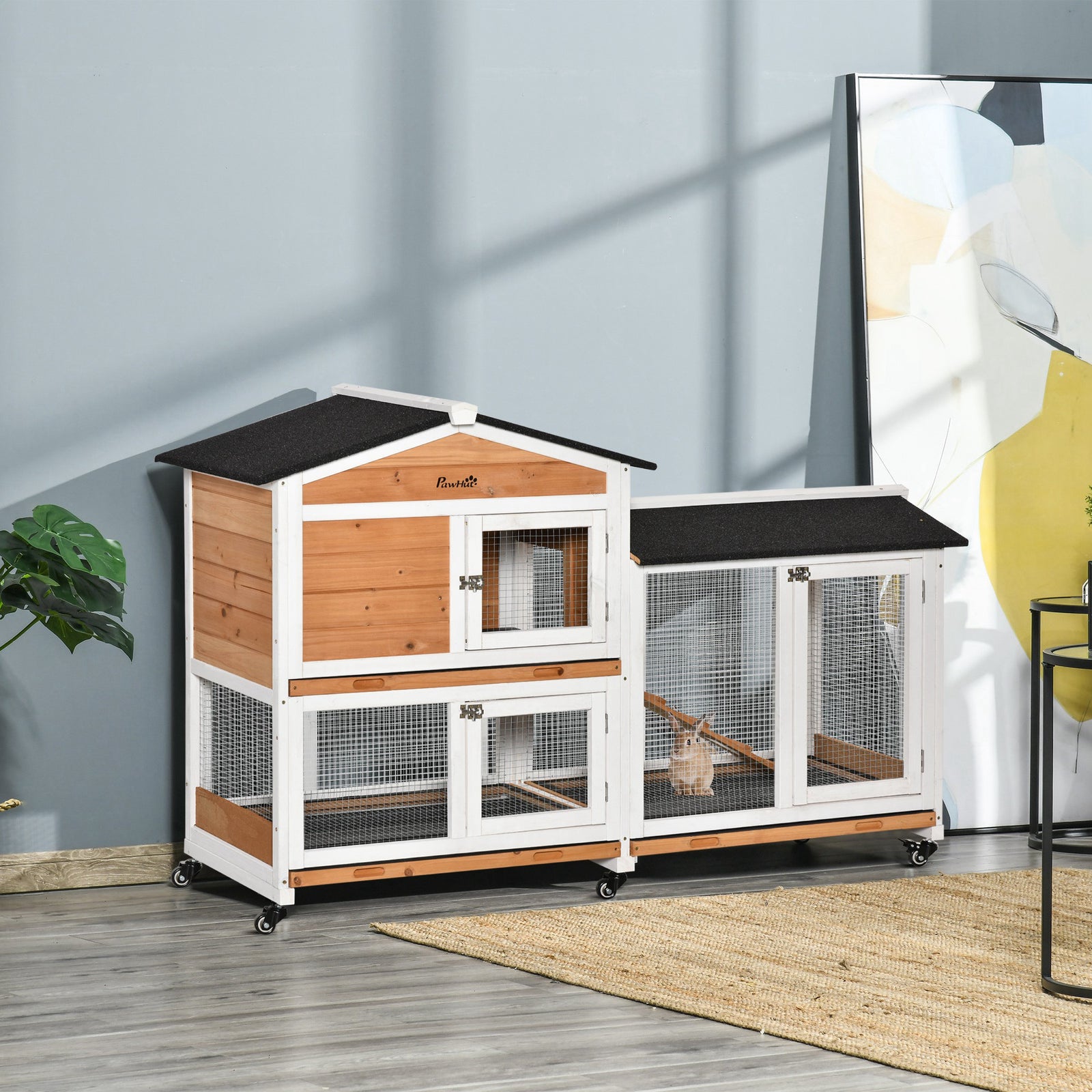 Wooden Rabbit Hutch Guinea Pig Cage W/ Wheels, Run, Ramp | Yellow