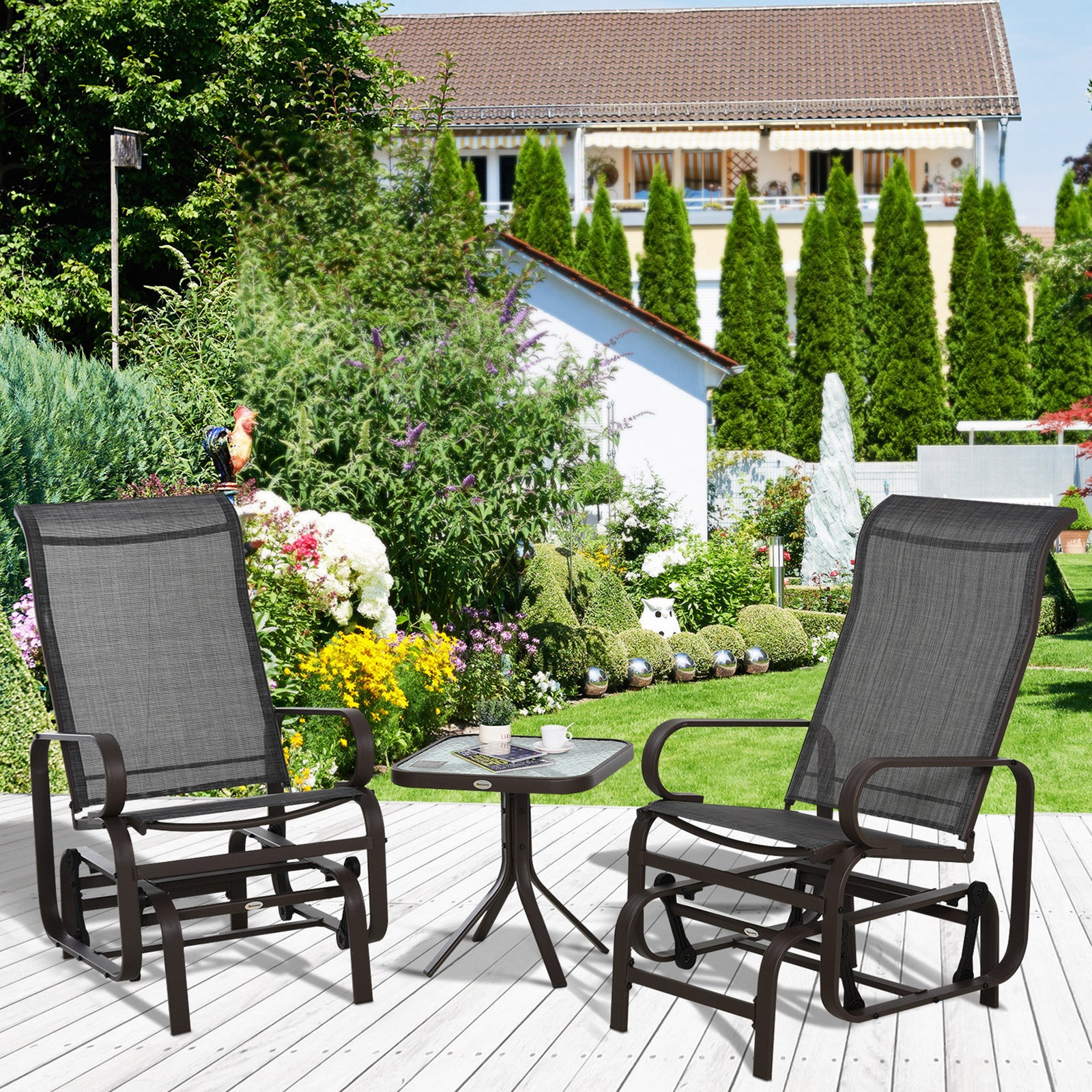 3 Pcs Rocking Chair Gliding Chair Set W/ Table For Patio | Brown