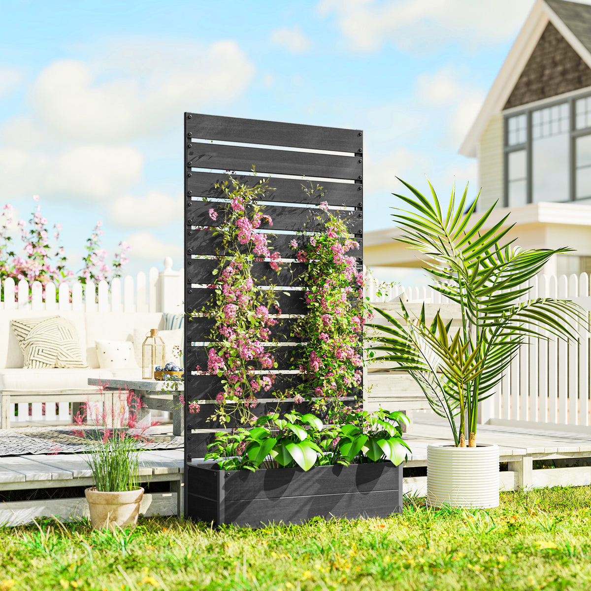 Outsunny Raised Garden Bed With Trellis Standing Patio Planter Box Black