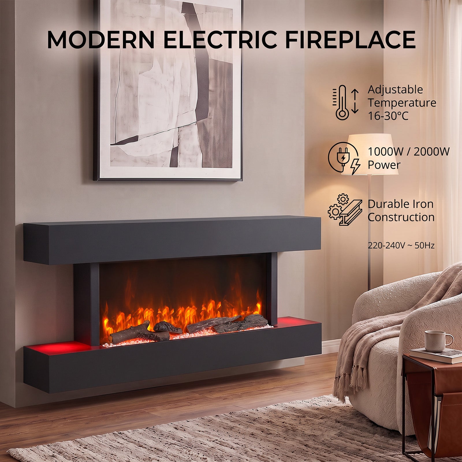 Breeins 52inch Wall Mounted Electric Fireplace With Remote Control