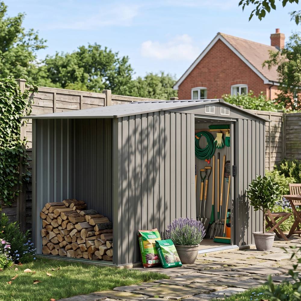 4x8ft Metal Garden Storage Shed With  Extra 70cm Firewood Storage