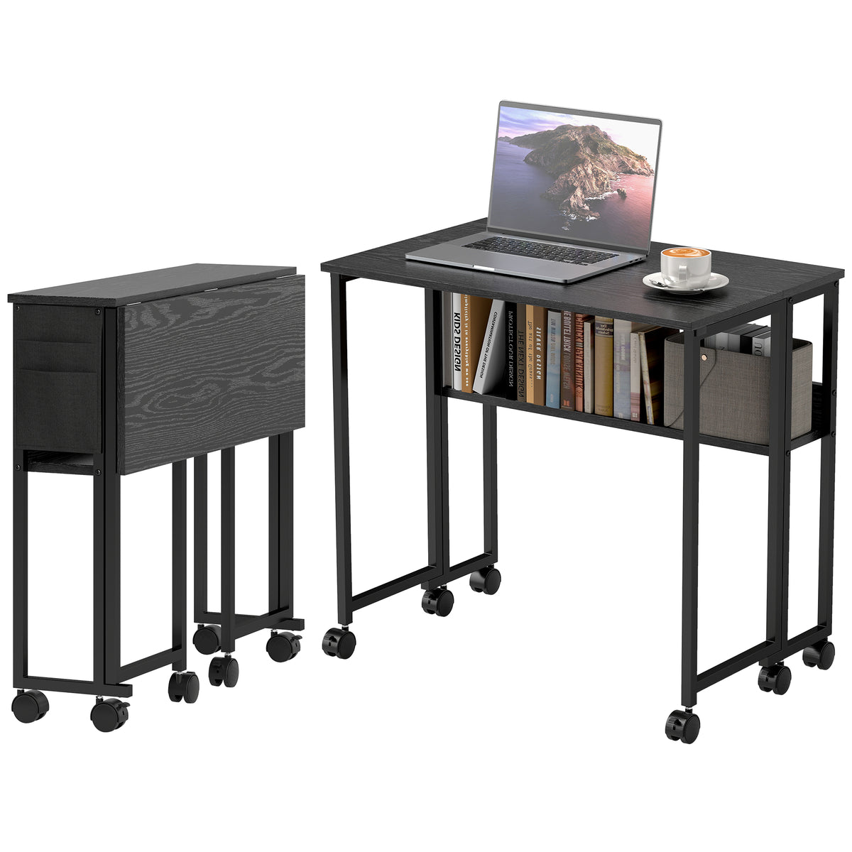HOMCOM Foldable Computer Desk On Wheels For Small Spaces Black