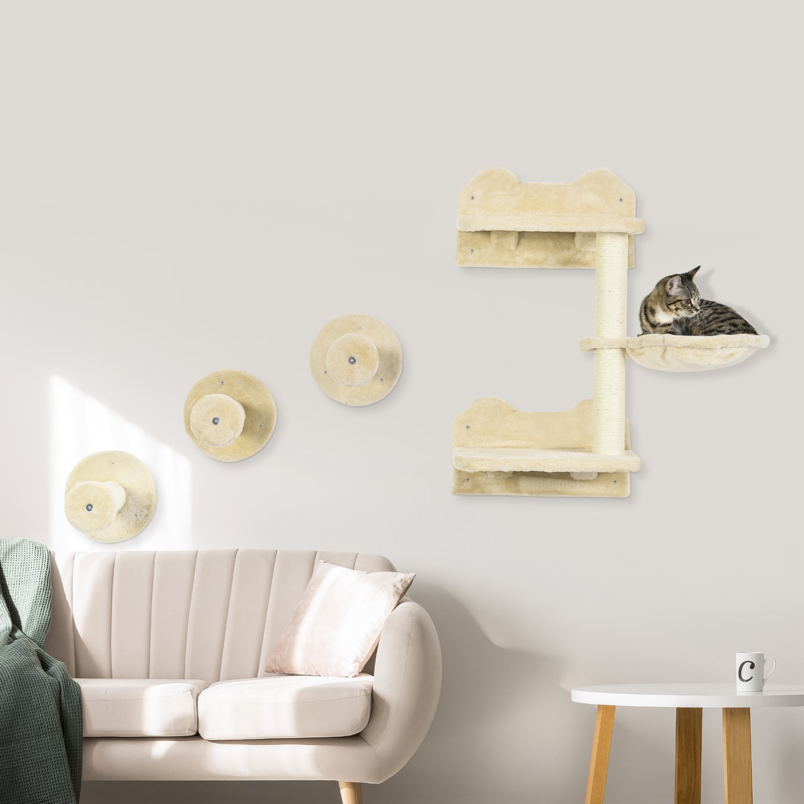 4 Piece Cat Shelf, Cat Wall Furniture W/ Hammock, Steps, Platforms | Beige