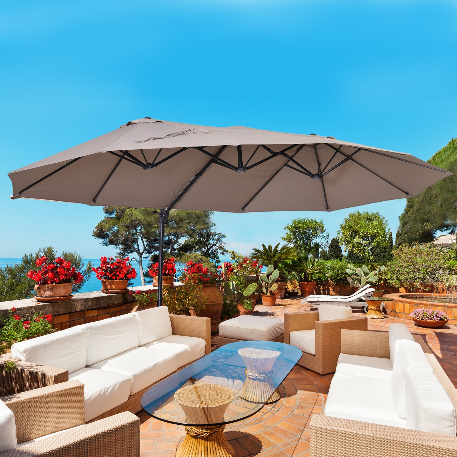 Double Canopy Offset Parasol W/ Steel Pole | Brown