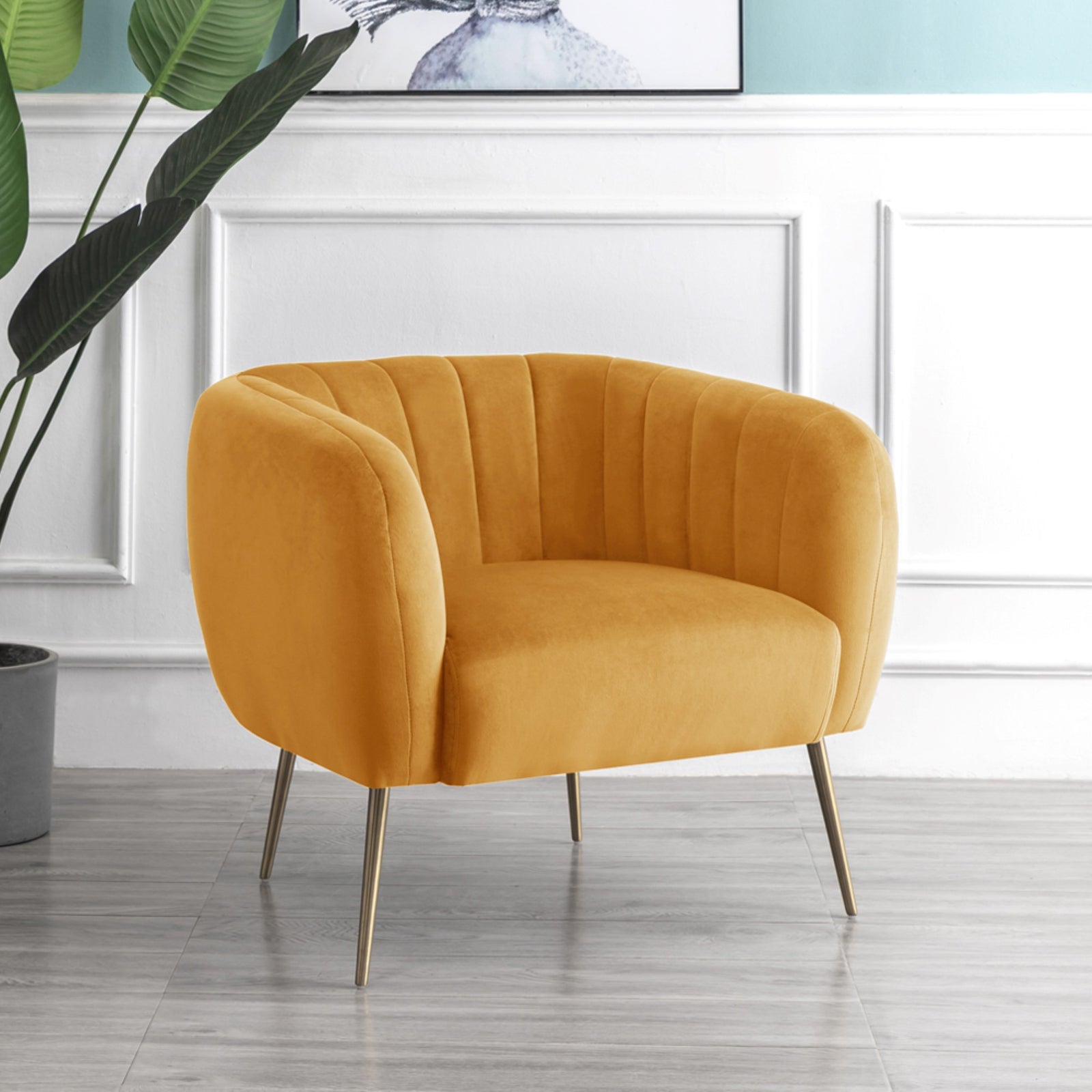 Matilda 84cm Wide Ruched Back Velvet Accent Chair With Brass Coloured Steel Legs | Yellow