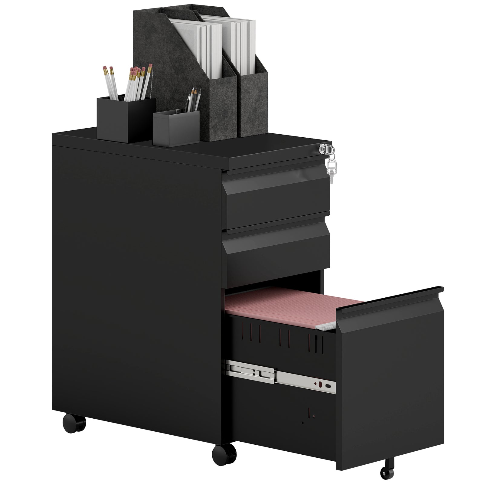 Steel File Cabinet With Lock And Wheels For Home Office | One Size | Black