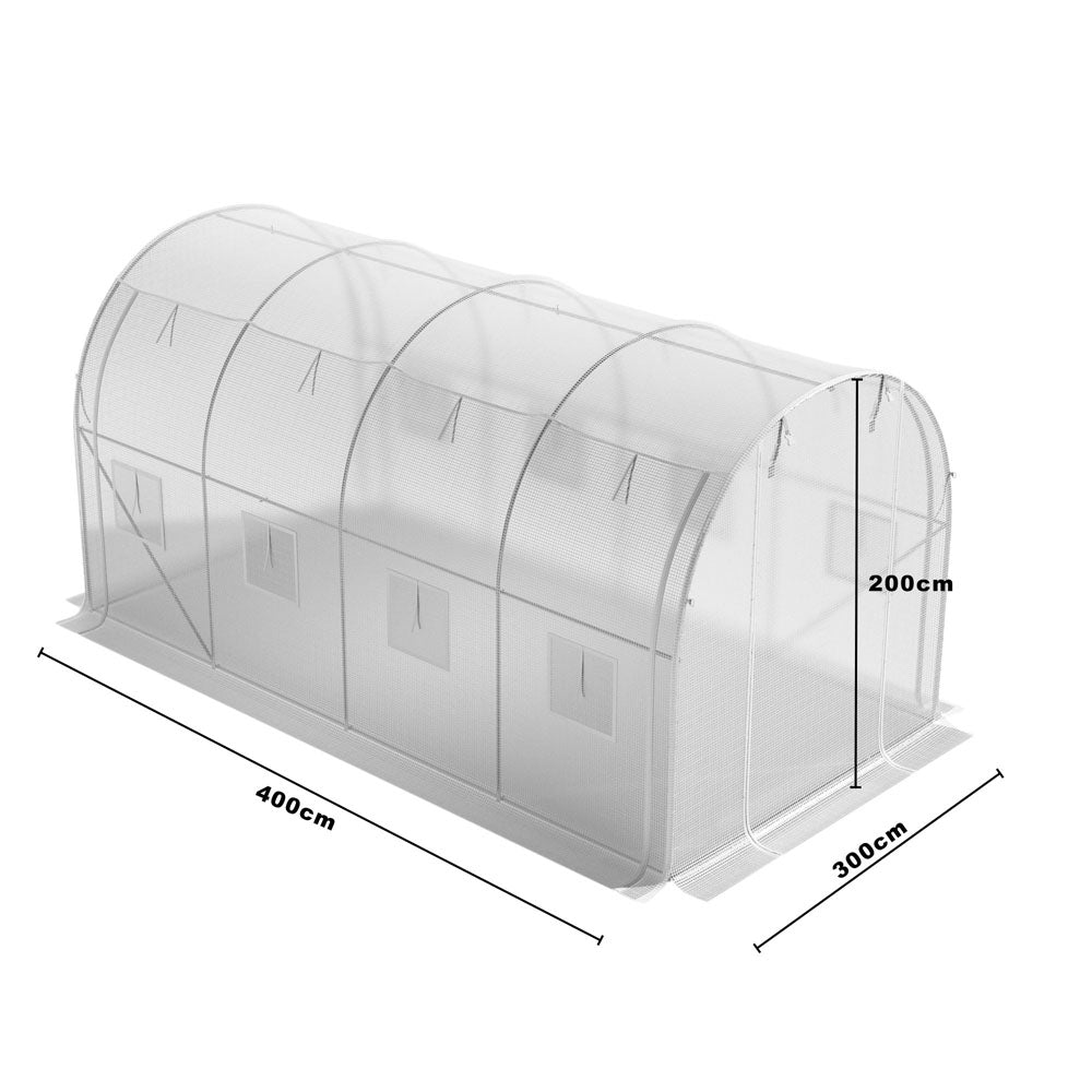 Outdoor Walk-in Tunnel Greenhouse With Heavy Duty Steel Frame & Roll-up Door | 4 x 3 x 2m | White