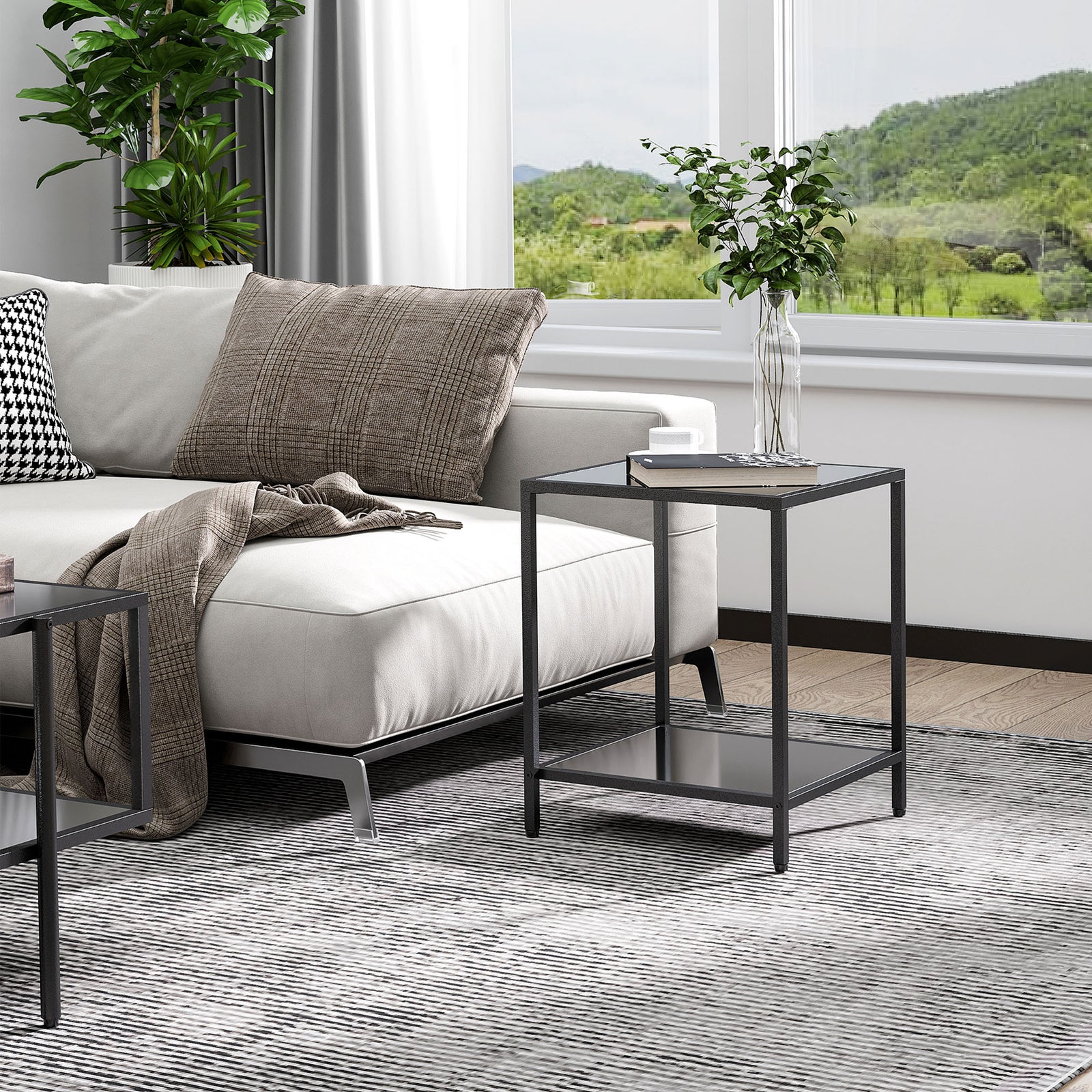 Side Table With Tempered Glass Top, Accent Storage