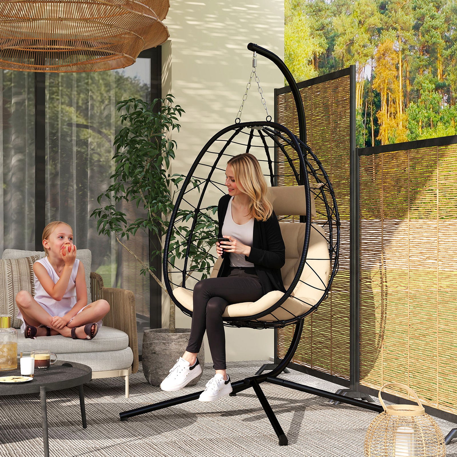 Garden Egg Chair Outdoor Hanging Swing Chair, Folding Basket | Khaki