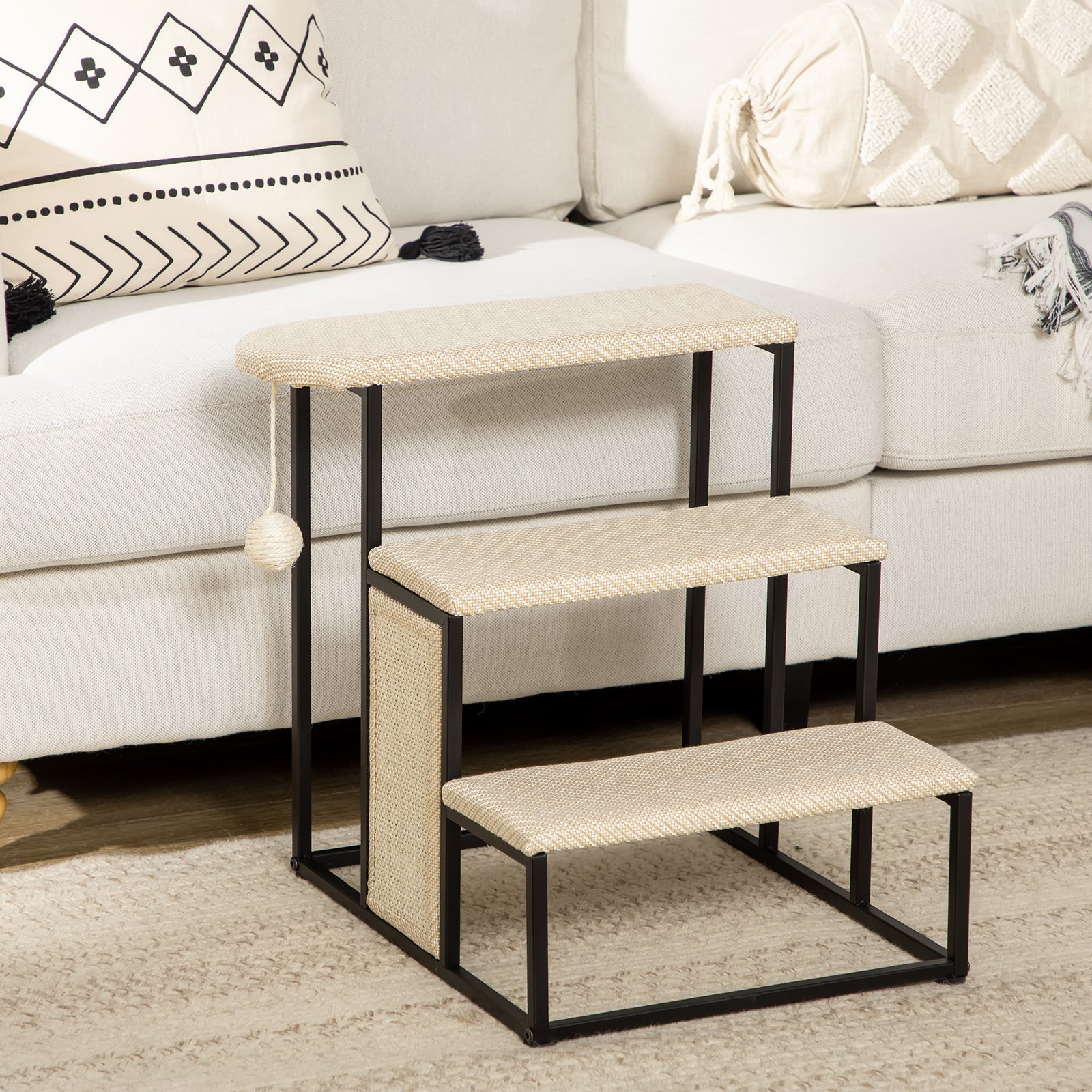 Cat Stairs W/ Sisal Scratching Board, Hanging Ball, Steel Frame - Cream
