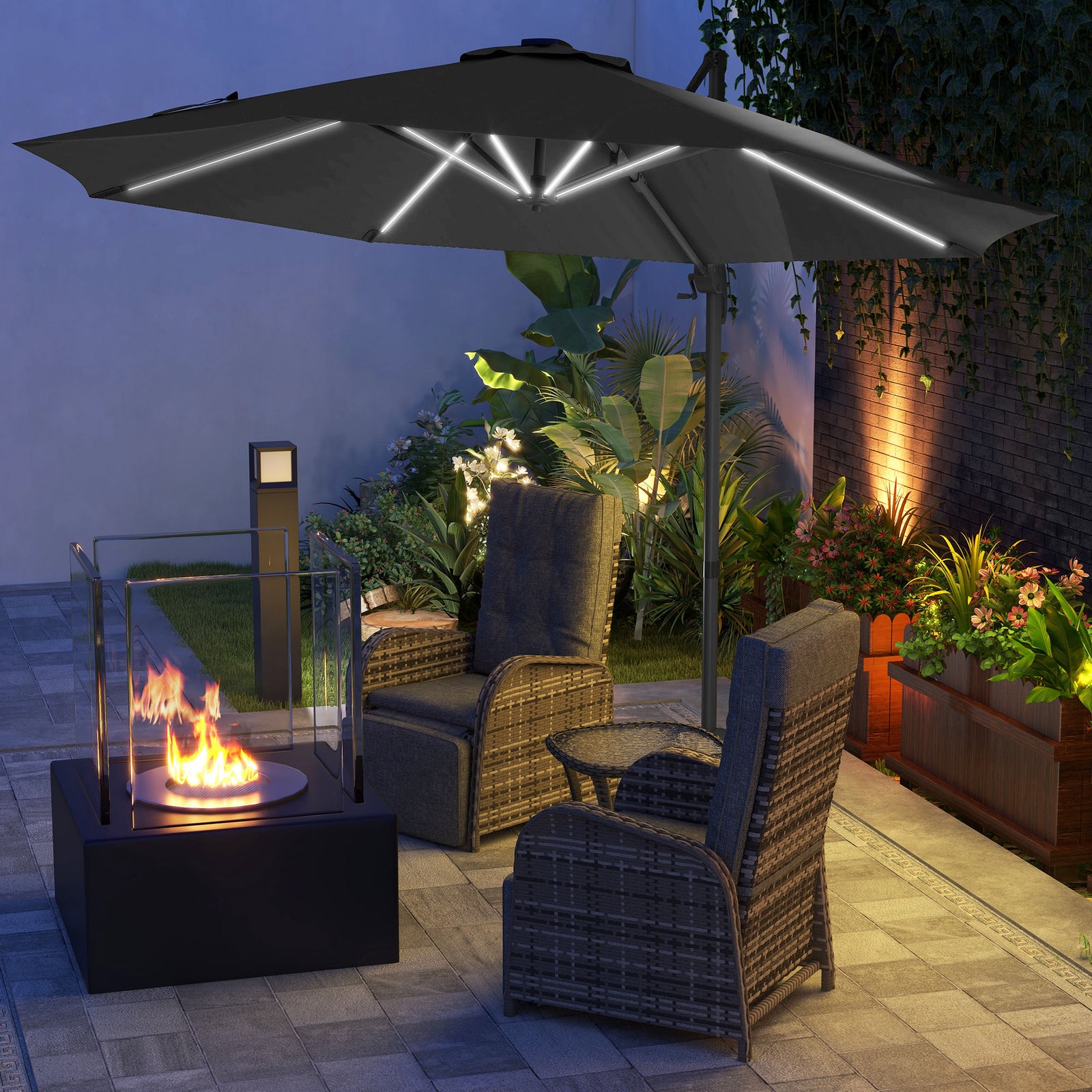 3m Solar Led Cantilever Parasol W/ Base | Dark Gray