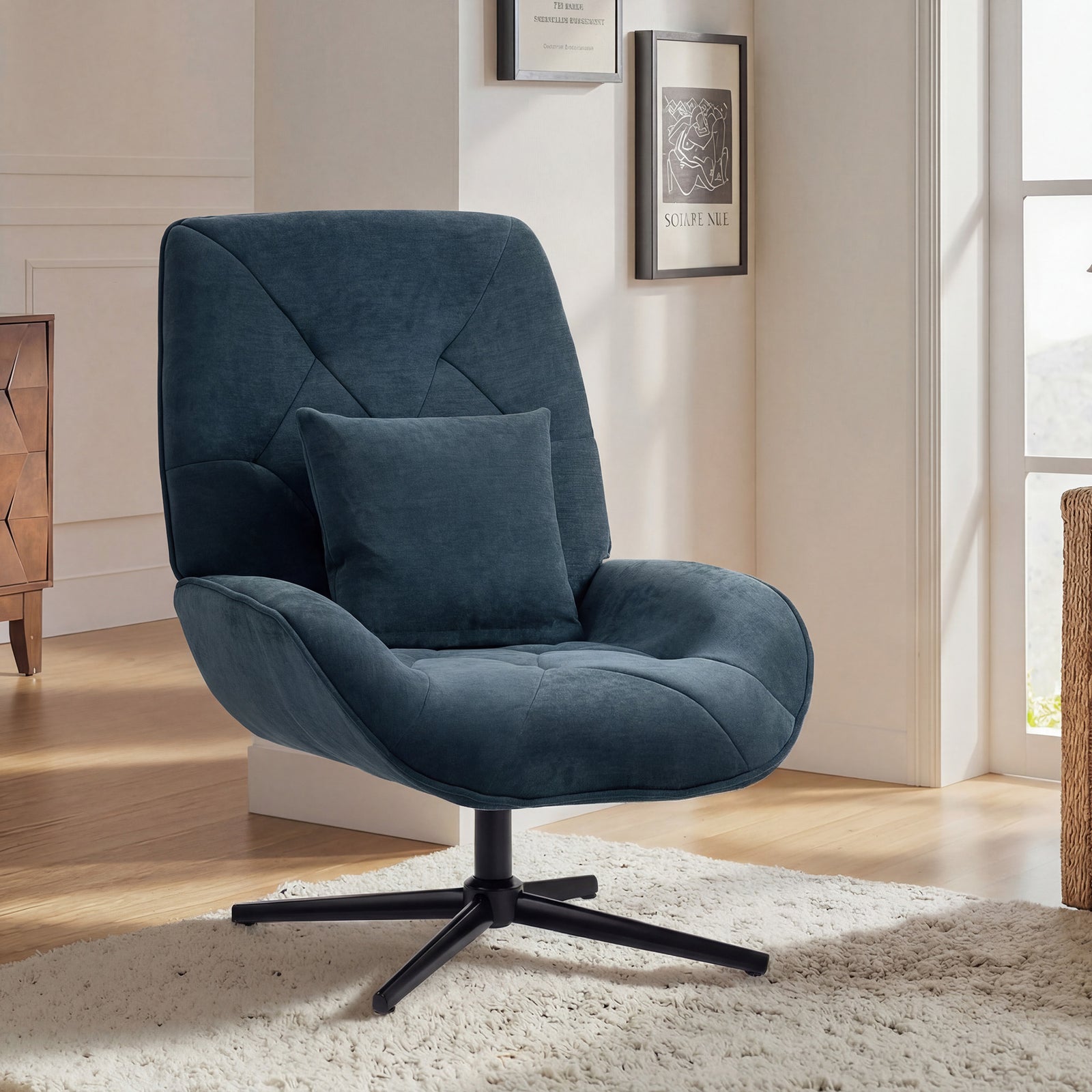 Swivel Accent Chair, Chenille Armchair With Lumbar Pillow | Dark Green