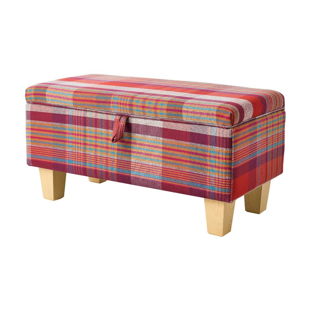 Plaid Linen Upholstered Storage Ottoman Bench With Hidden Storage | Large | Red