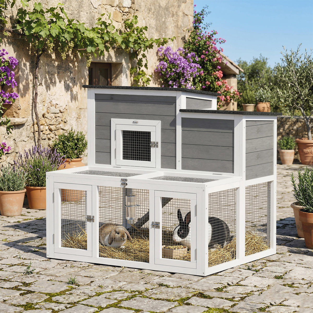 PawHut Wooden Rabbit Hutch, Outdoor Bunny Cage With Waterproof Roof