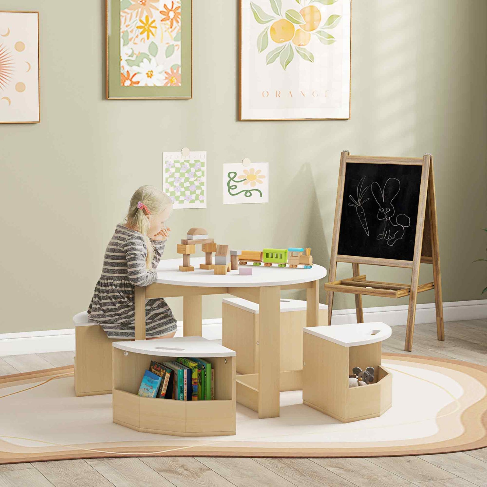 Five-piece Kids Table And Chairs Set With Storage | White