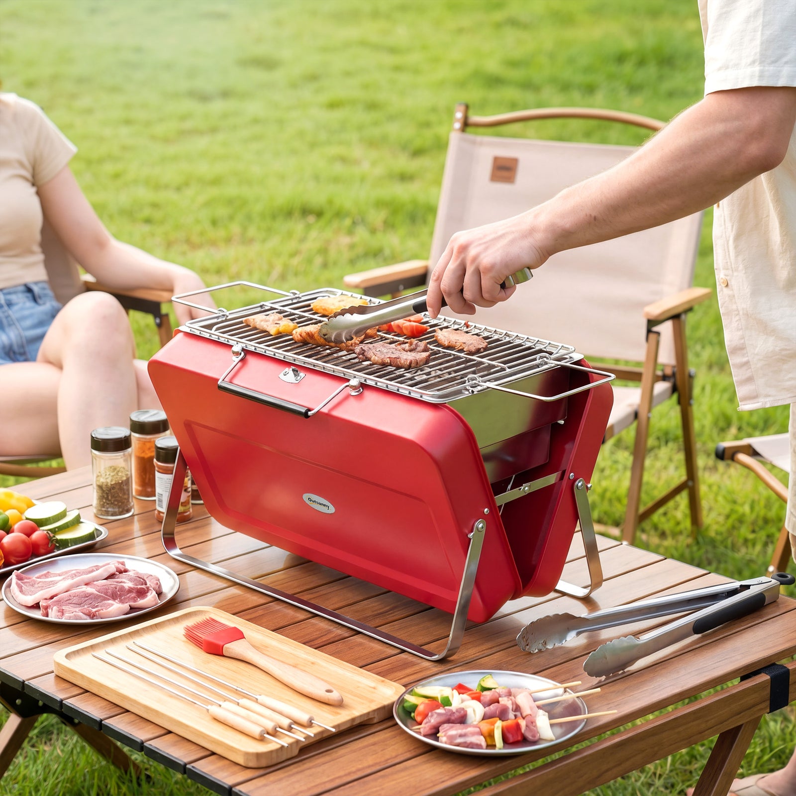 Portable Mini Charcoal Barbecue Grill With Suitcase Shell, Red