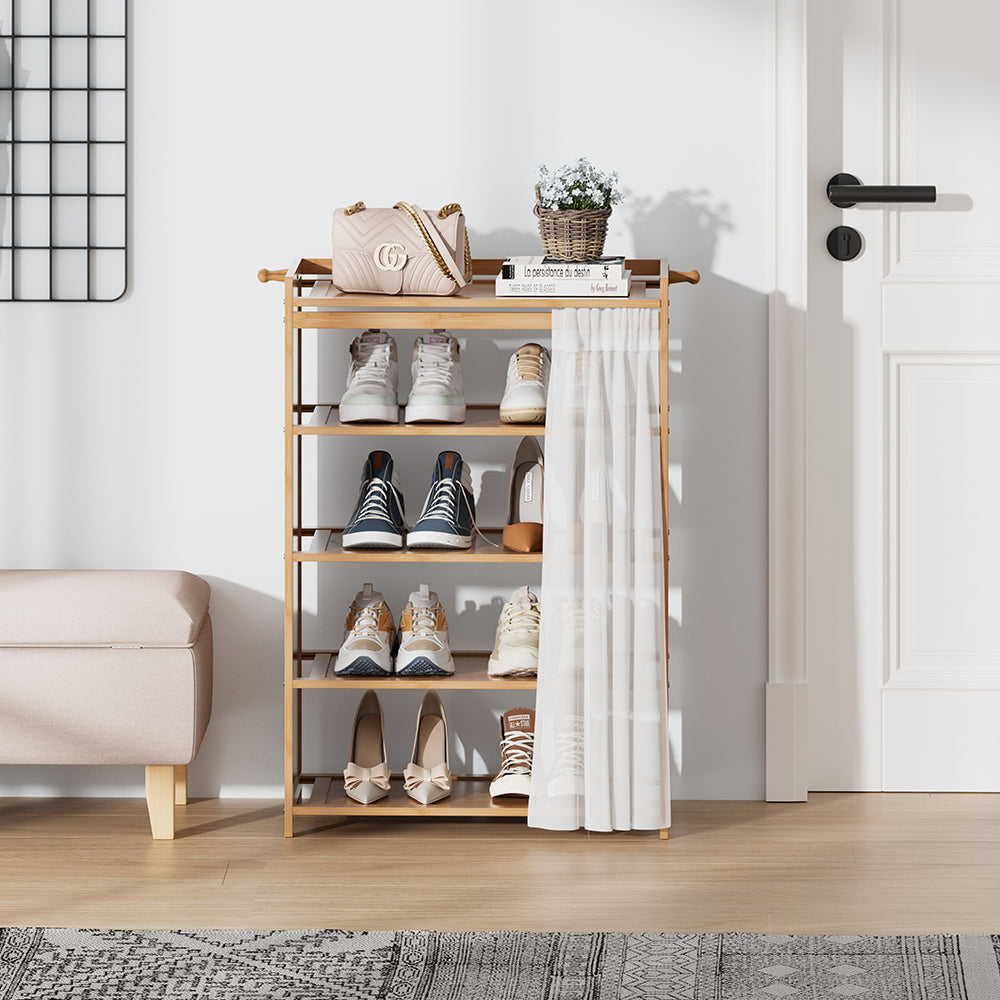 Bamboo Shoe Cabinet With Curtain 5/6-layer Entryway Shoe Rack Storage Organizer | Small