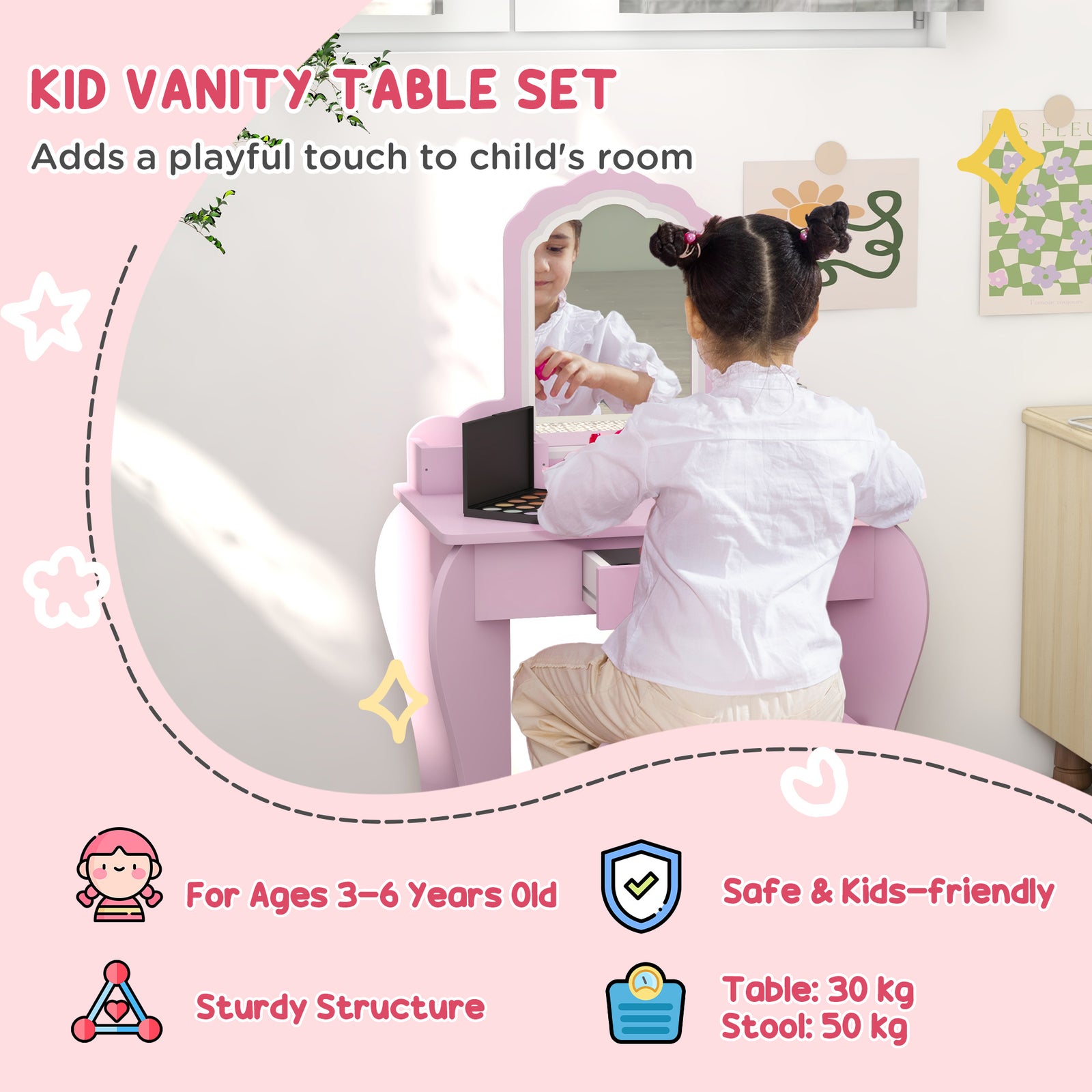 Dressing Table With Mirror And Stool, Drawer, Storage Boxes, Cloud Design | Pink