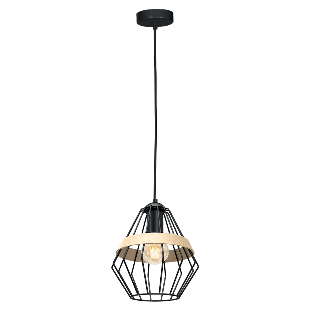 Cliff Black Pendant Lamp 1xe27 Hand Made Matt Black Cage Style Lamps With Natural Wood Detail