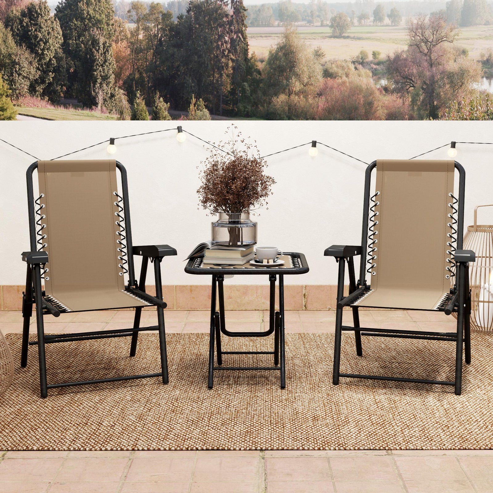 3 Pieces Folding Garden Bistro Set With Cup Holders | Khaki
