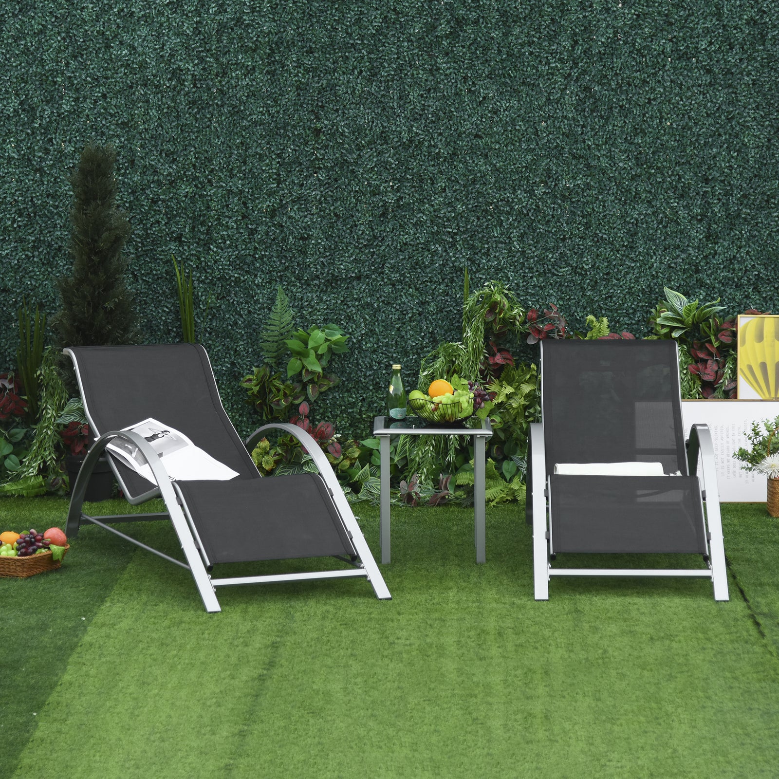 3 Pieces Lounge Chair Set Garden Sunbathing Chair W/ Table | Black