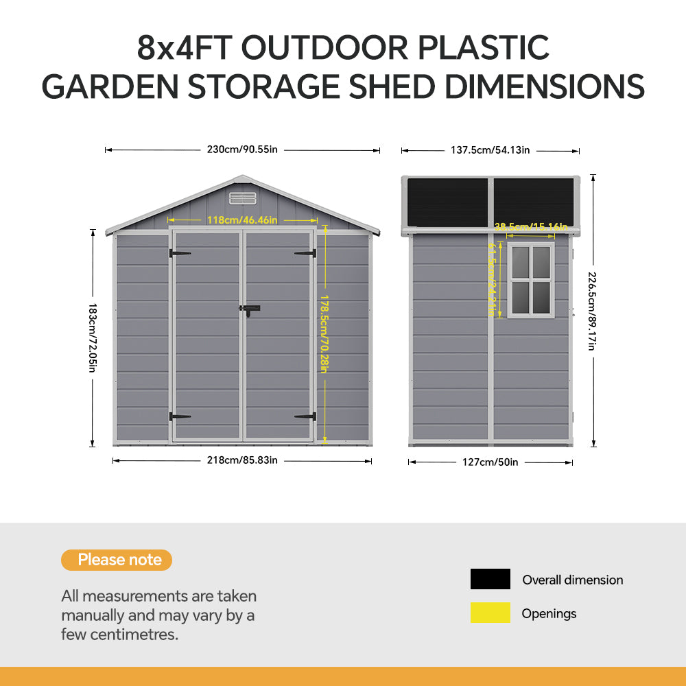 Outdoor Plastic Tool Shed With Apex Roof & Floor, Double Doors, Ventilation & Window, Lockable Backyard Storage House | 8x4ft | Grey