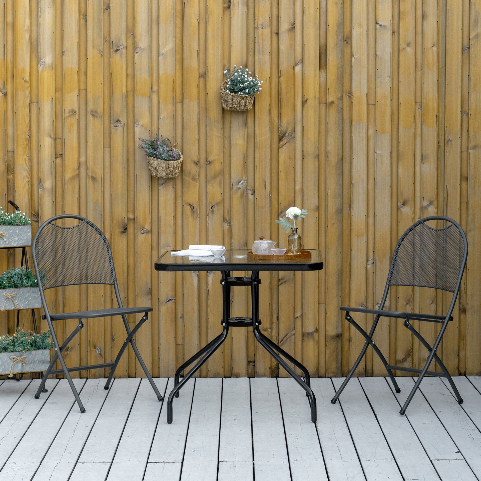 Square Patio Table, 76x76cm Glass Top W/ Umbrella Hole