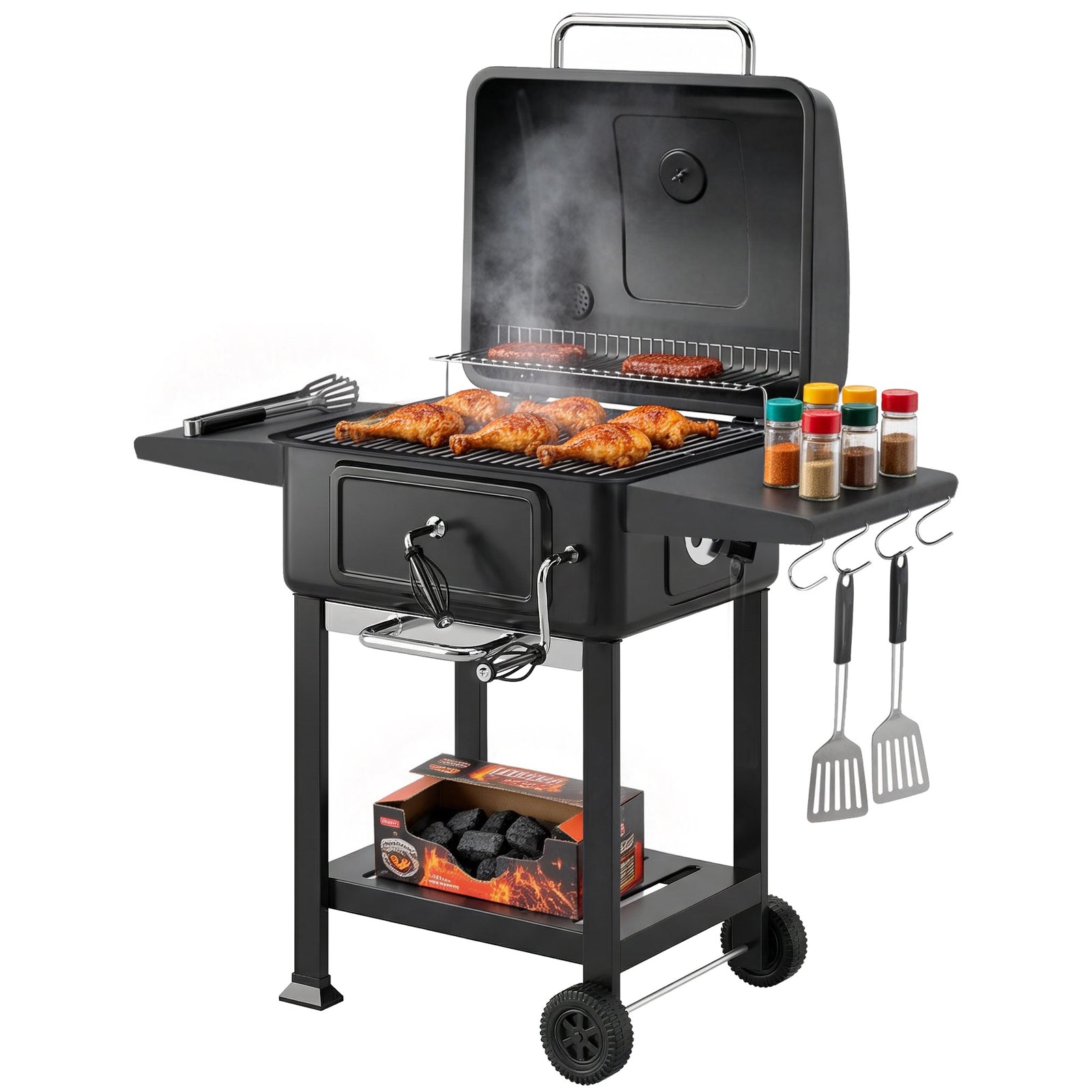 Charcoal Bbq Grill, Large Barbecue Grill Smoker With Wheels, Black