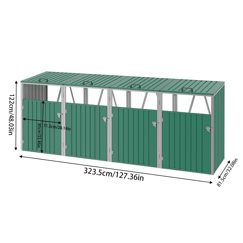 4 Bin Storage Shed – Heavy-duty Galvanized Steel Outdoor Bin Store With Lift-up Lids & Lockable Doors | Green