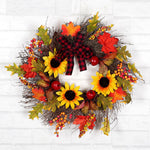 Prelit Autumn Wreath With Artificial Maple Leaves And Sunflowers
