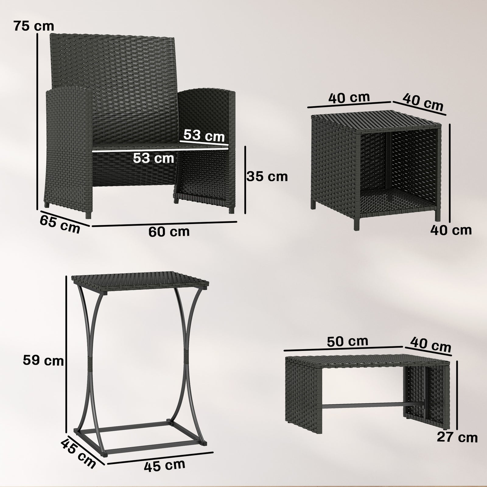 6 Piece Rattan Garden Furniture Set With Nesting Tables | Black