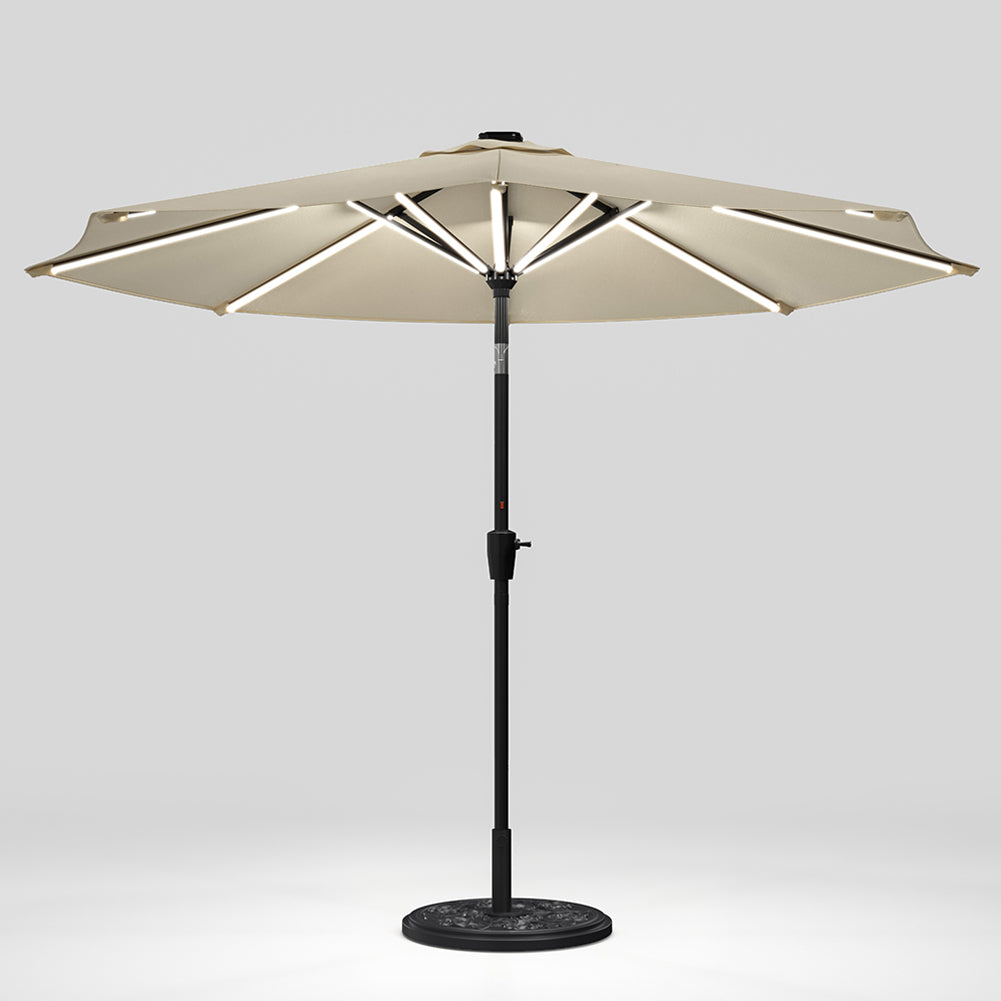 3m Solar Led Patio Umbrella, Outdoor Parasol With 16 Led Tubes, Crank Lift & Push Button Tilt With Cement Base | One Size | Beige