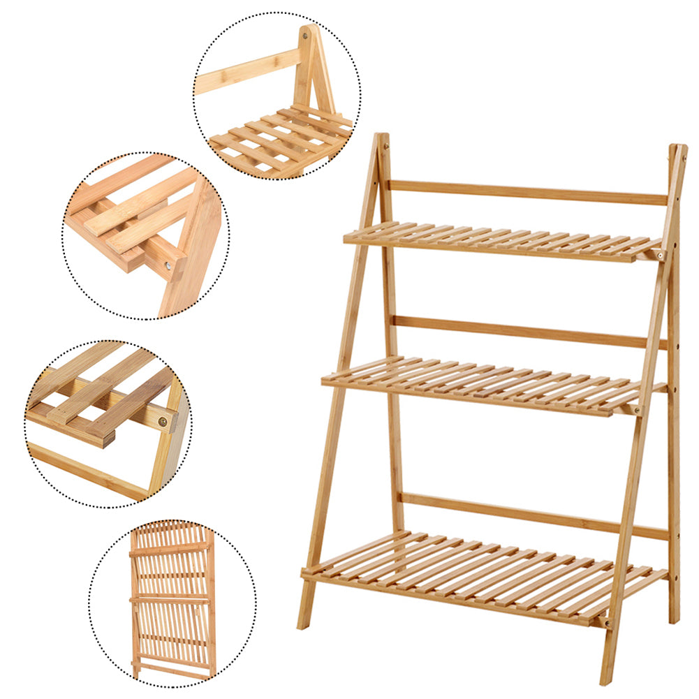 3 Tier Foldable Wooden Plant Stand Garden & Balcony Flower Shelf 96cm Multipurpose Plant Display Rack | Natural