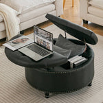 Round Pu Leather Upholstered Storage Ottoman With Lift-top & Flip Design | Black