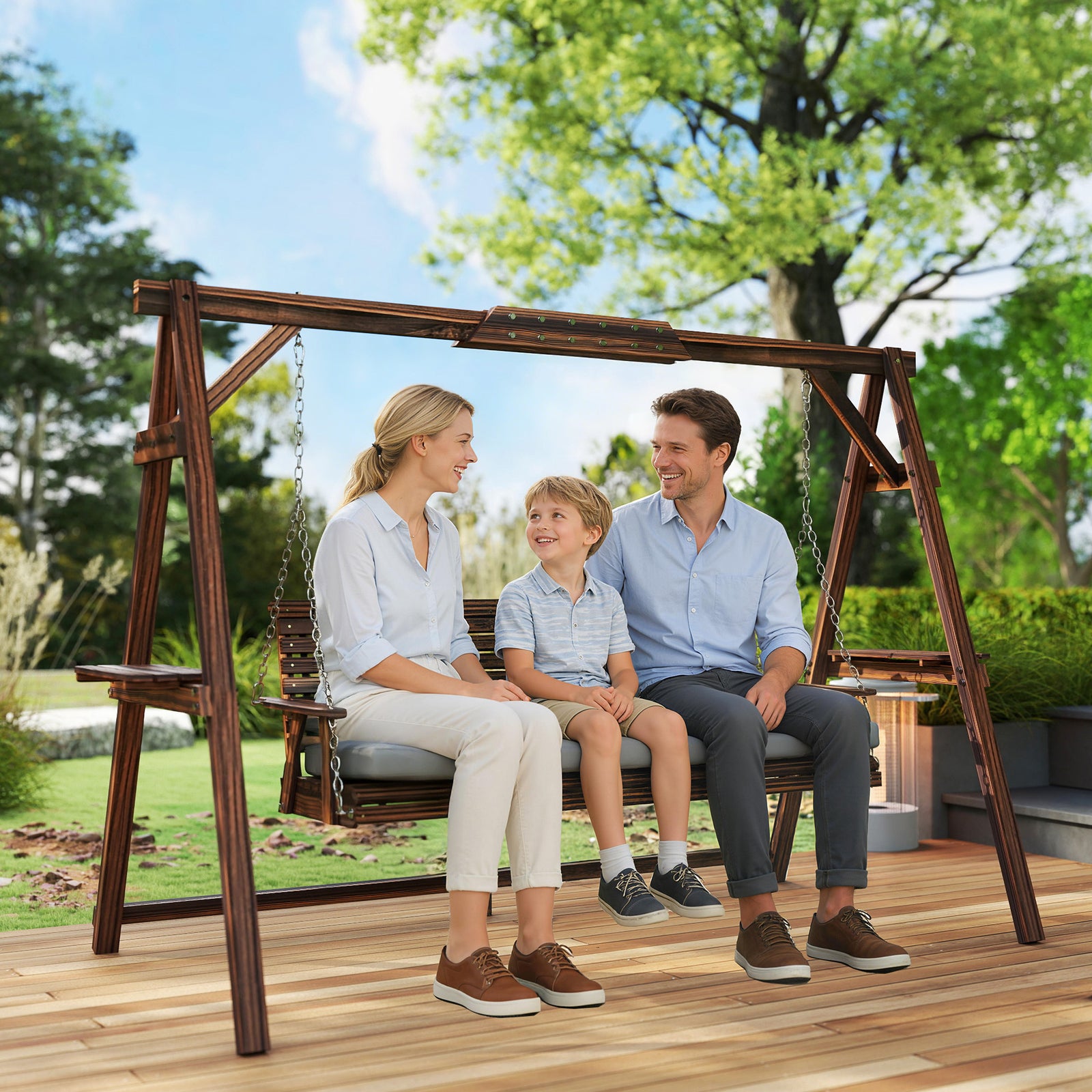 3 Seater Wooden Garden Swing Seat Chair With Side Trays And Cushion