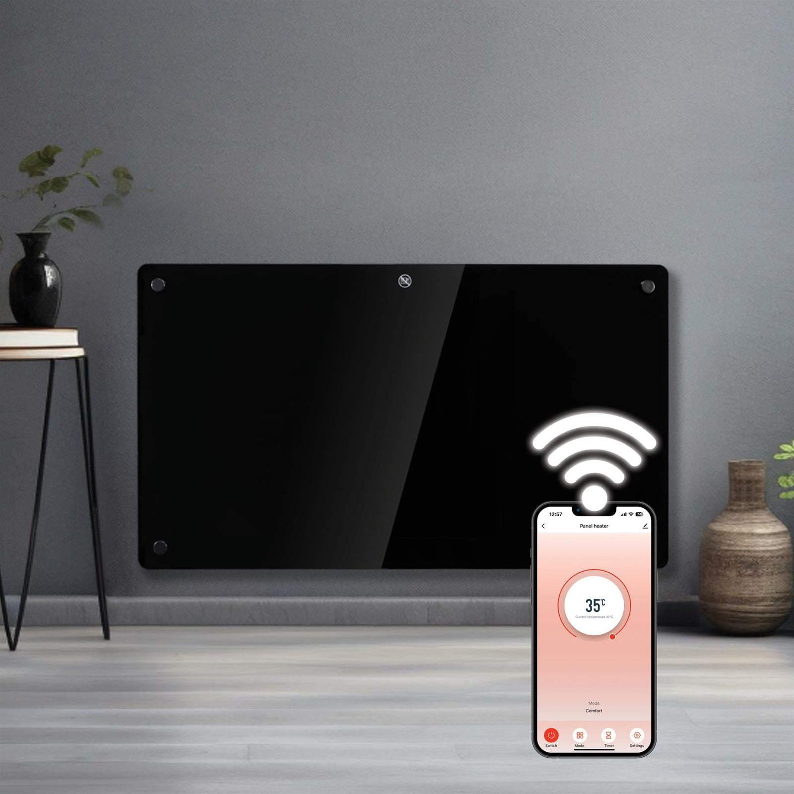 Electric Wifi Glass Radiator Panel Heater Black Wall Mounted Or Floor Standing Bathroom Safe, Timer And Thermostat | 1500w | Black