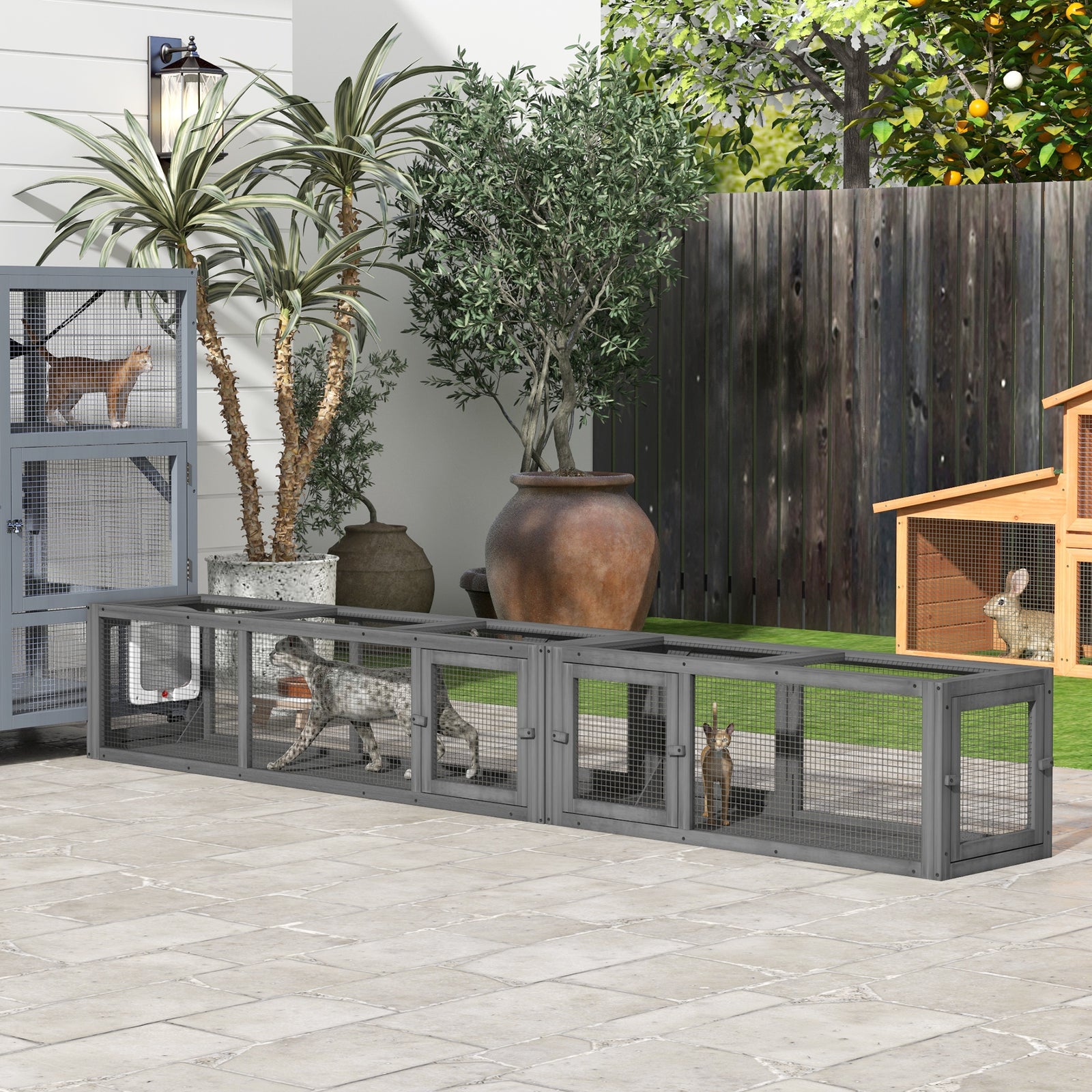 Cat Tunnel, 250cm Extra Long Wooden Cat Play Tunnel With 8 Doors Grey