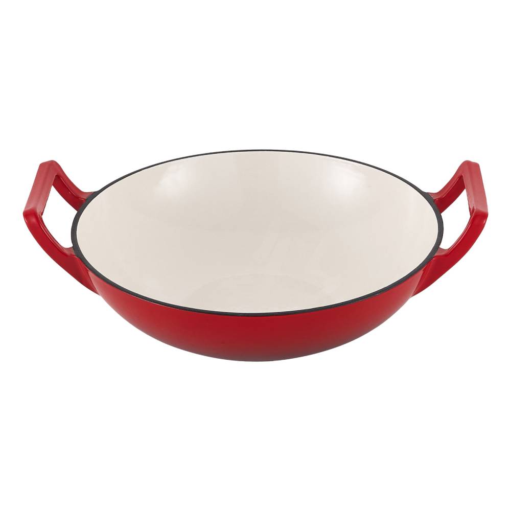 32/36cm Diameter Enamelled Cast Iron Wok, Large Capacity Stir-fry Pan With Side Handles | Small | Red
