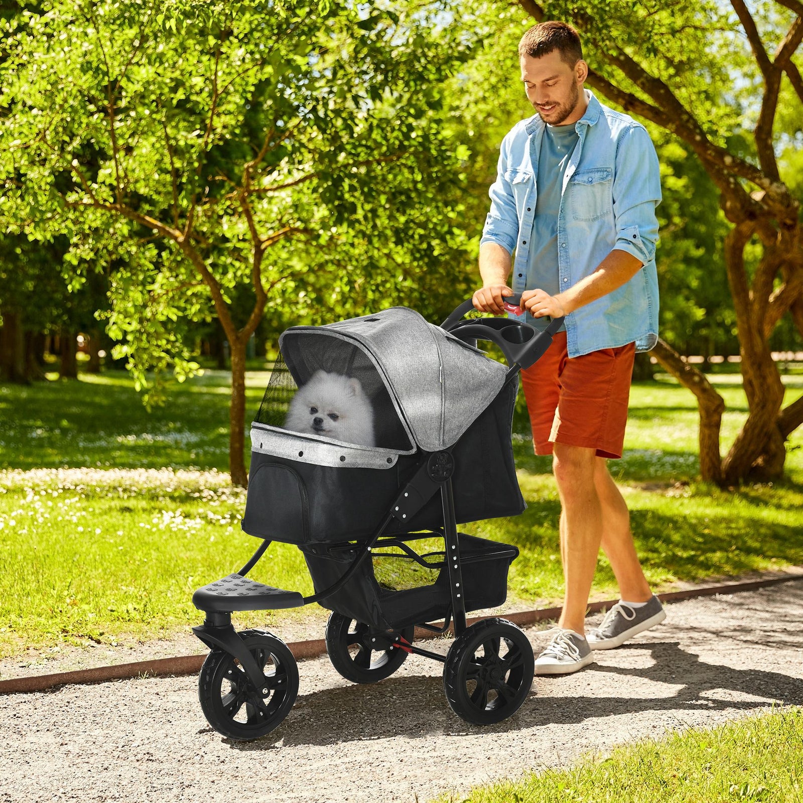 Folding 3 Wheel Pet Stroller Travel Adjustable Canopy Storage Brake | Grey