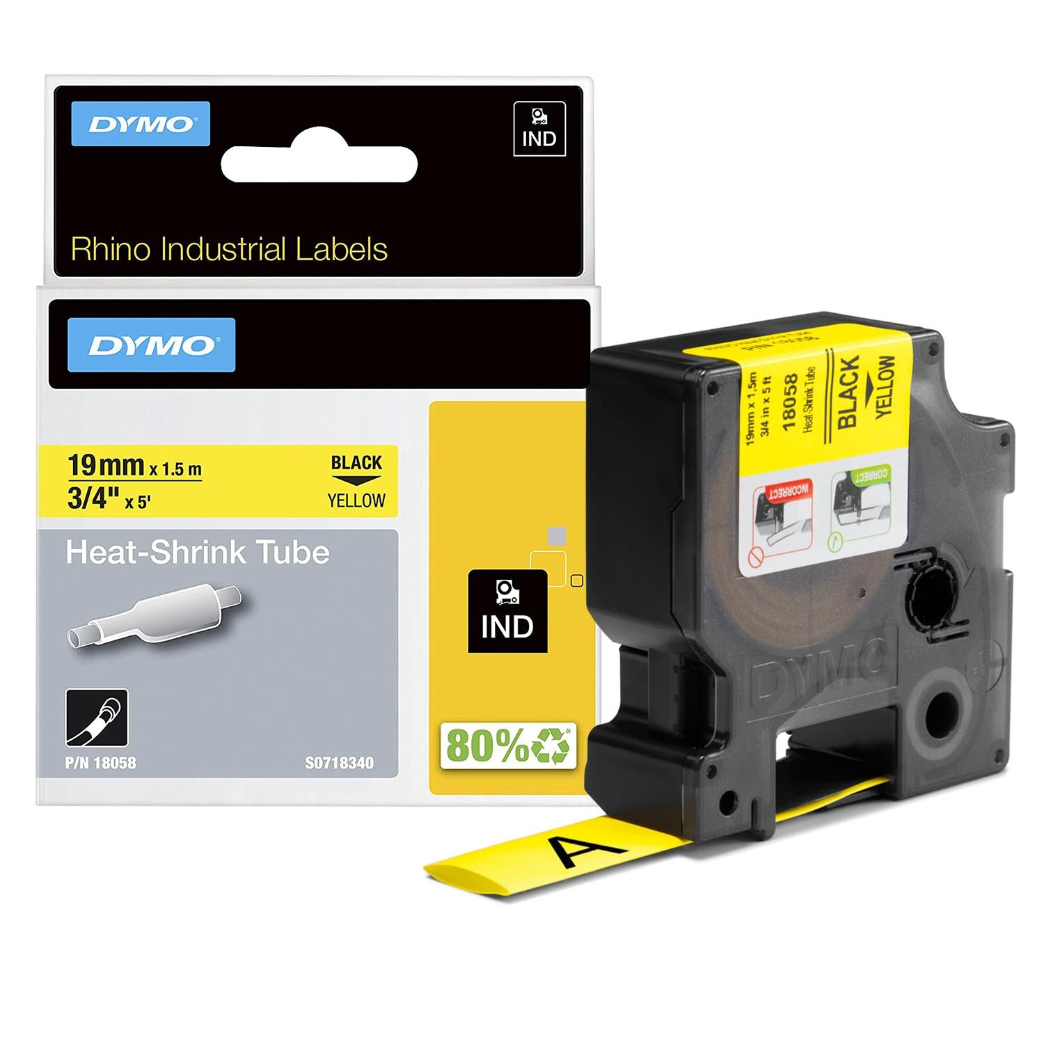 Rhino Heat Shrink Label Tubes Industrial 19mm X 1.5m Black Print On Yellow