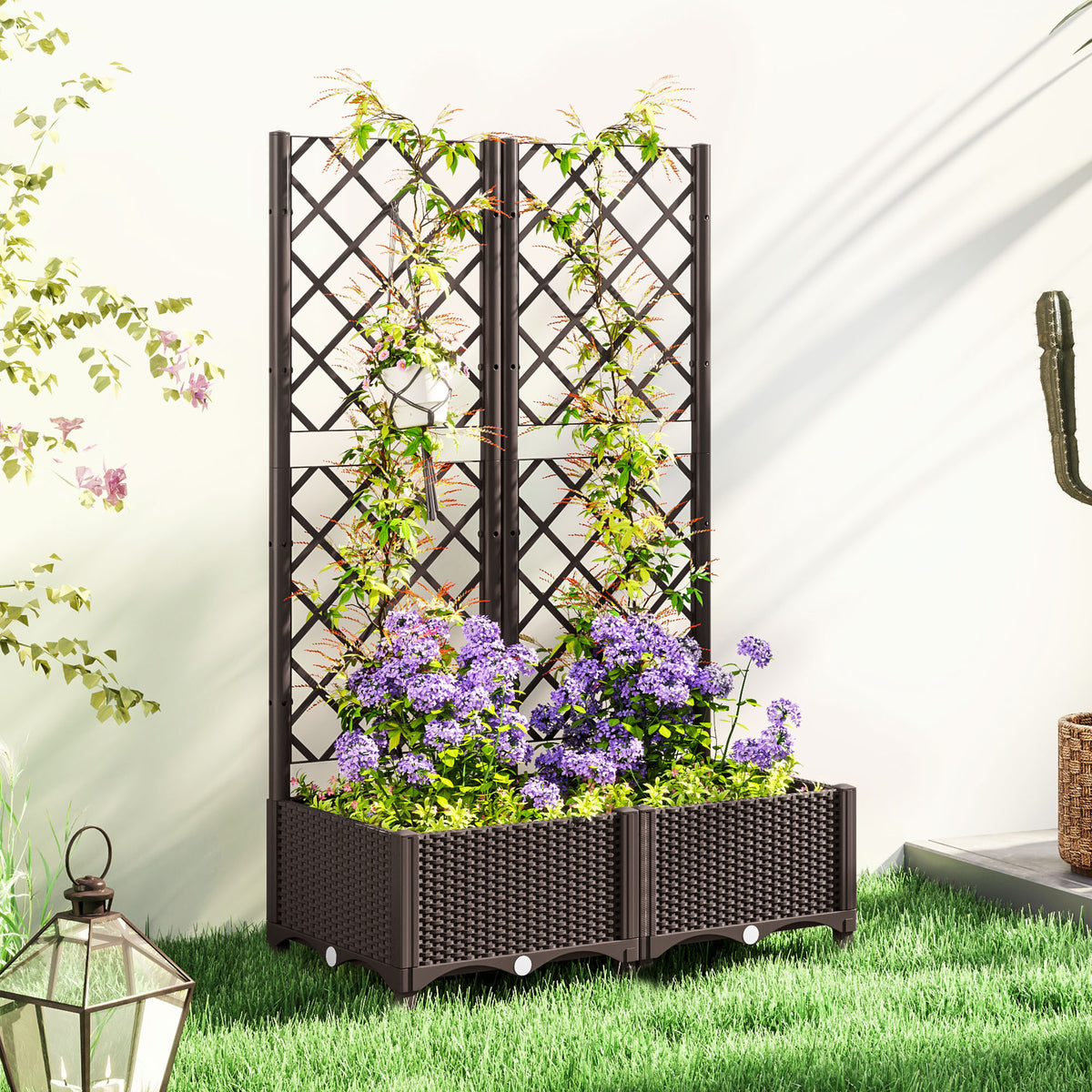 Outsunny Plastic Planter Box With Trellis, Vegetable Planter W/ Drain Plugs