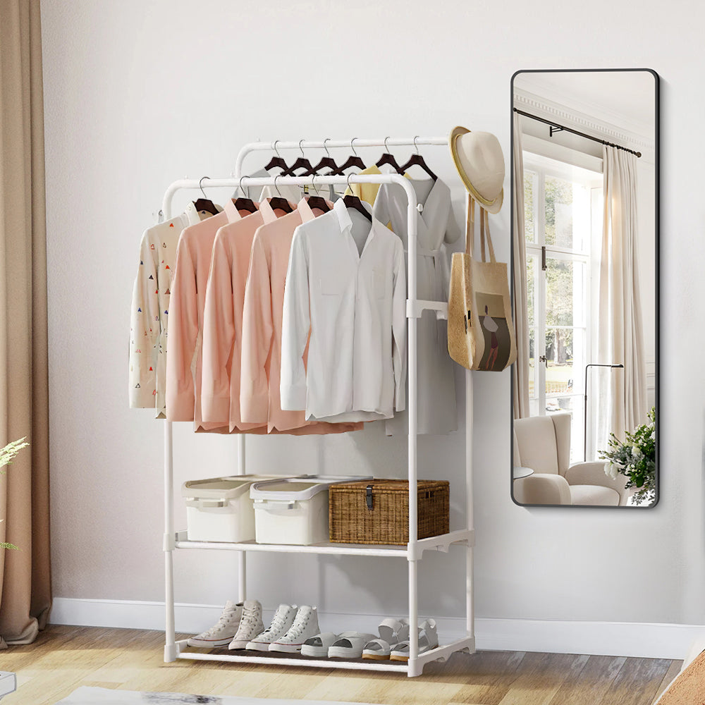Double Rod Metal Clothes Rack Heavy Duty Garment Organizer With Shelves For Closet Or Bedroom | White