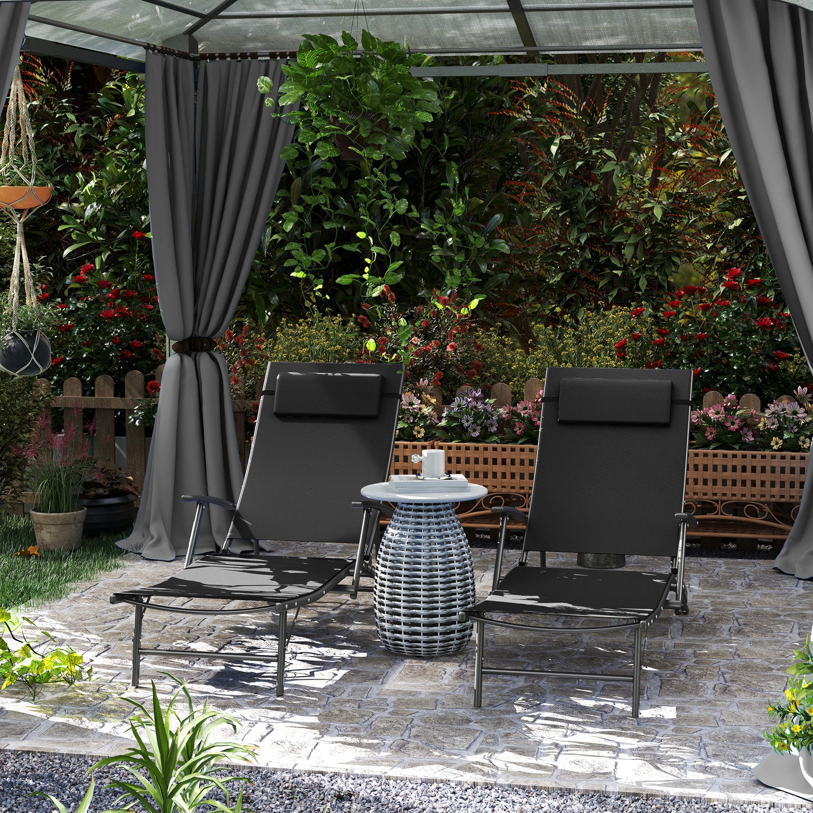 Set Of 2 Garden Sun Loungers, Folding Chaise Lounge Chairs | Black