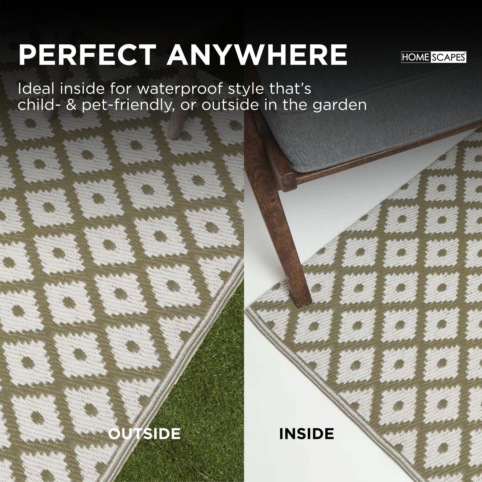 Luxury Outdoor Rug Waterproof Reversible For Garden Patio 100% Recycled, Green May Geometric | 120cm x 180cm | Olive