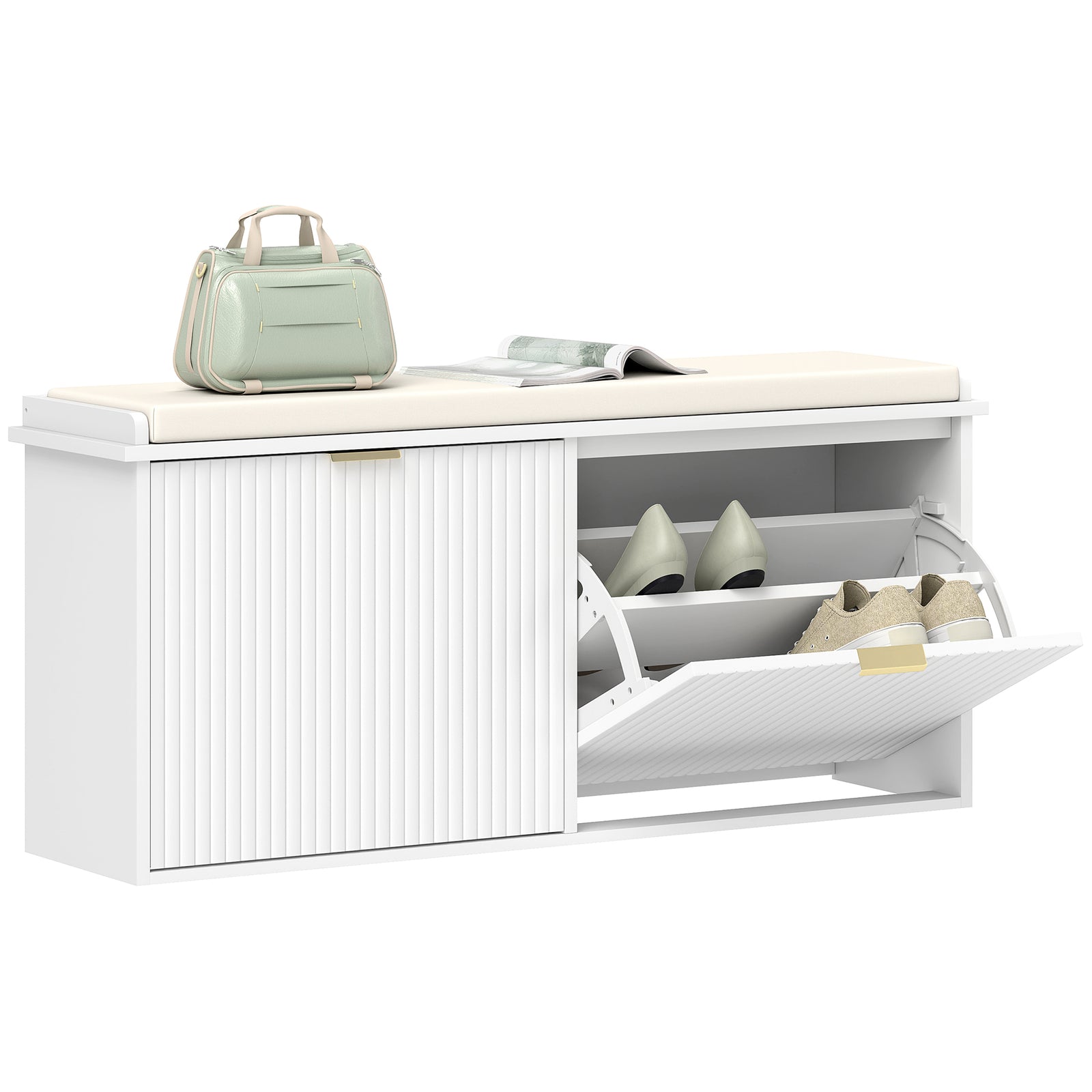 Shoe Storage Bench With Cushion And Flip-drawer | Large | White