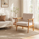 Modern Beige Fabric Armchair with Wooden Frame and Padded Cushion