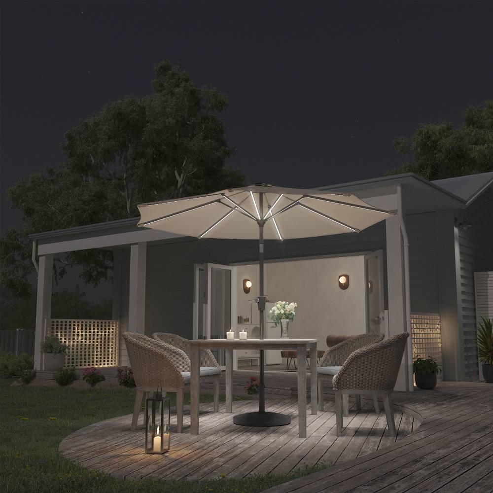 3m Solar Led Patio Umbrella, Outdoor Parasol With 16 Led Tubes, Crank Lift & Push Button Tilt With Round Base | One Size | Beige