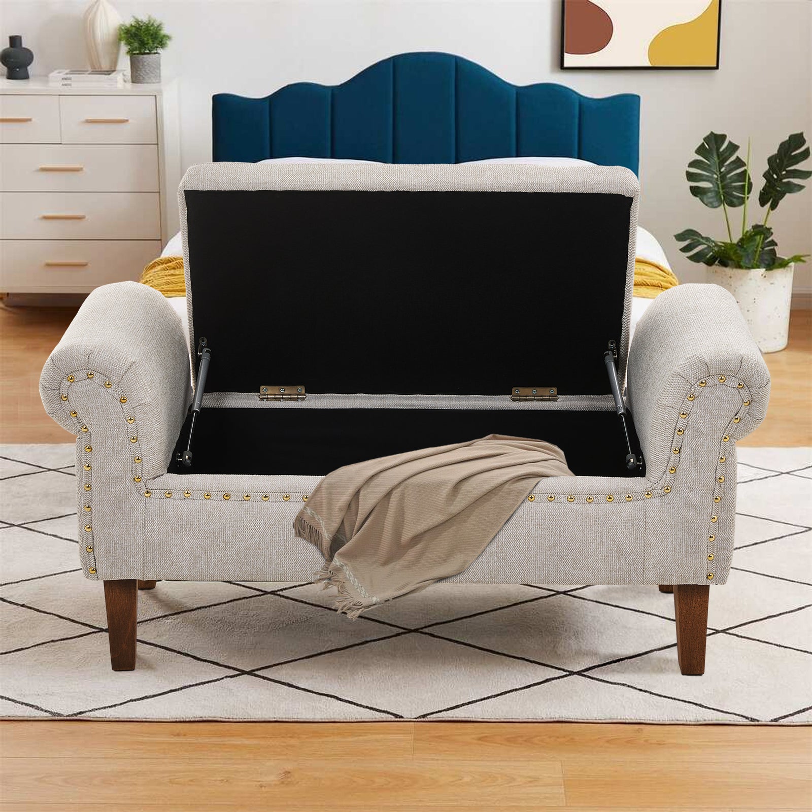Linen Upholstered Storage Bench | Beige